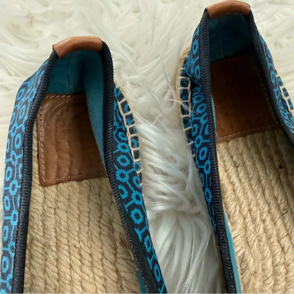 Tory Burch Canvas Ballet Espadrille Flats Navy Blue Geometric Print Bow Shoes 9